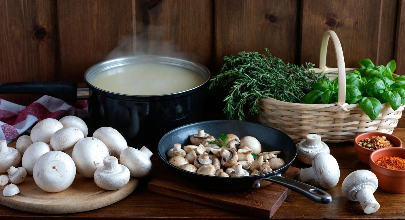 A rustic Turkish kitchen scene with a wooden table displaying fresh white pösteki mushrooms next to a steaming pot of boiling water, a sizzling pan with sautéed mushrooms, and a basket of wild herbs, evoking curiosity and caution about foraging.