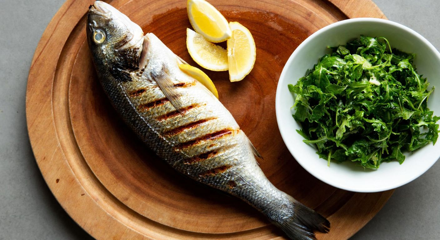 A freshly grilled farm-raised sea bass, glistening with olive oil and lemon slices, resting on a rustic wooden platter beside a bowl of vibrant green salad, evoking the rich flavors of Turkish coastal cuisine.