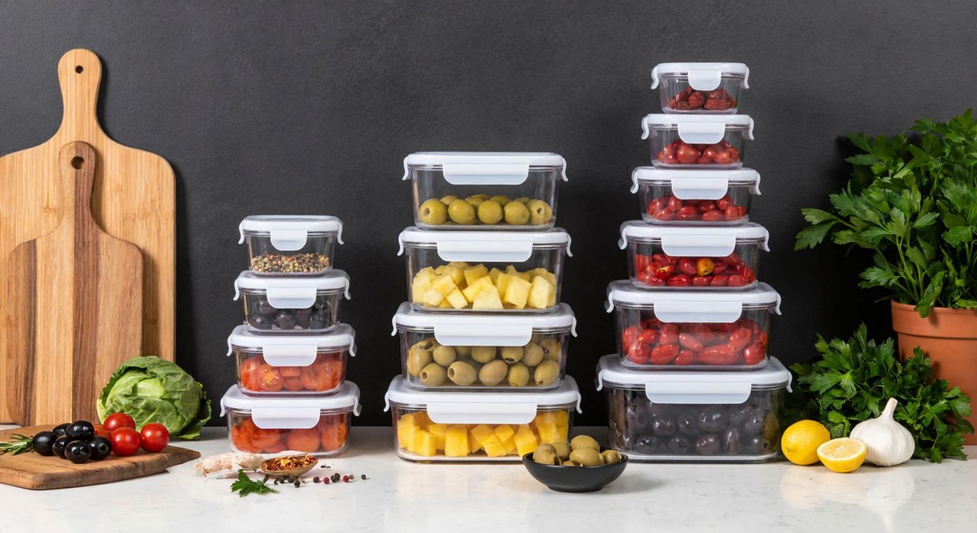 A neatly arranged set of twelve airtight food storage containers in varying sizes, stacked on a Turkish kitchen counter with fresh ingredients like olives, spices, and herbs nearby, conveying organization and practicality.