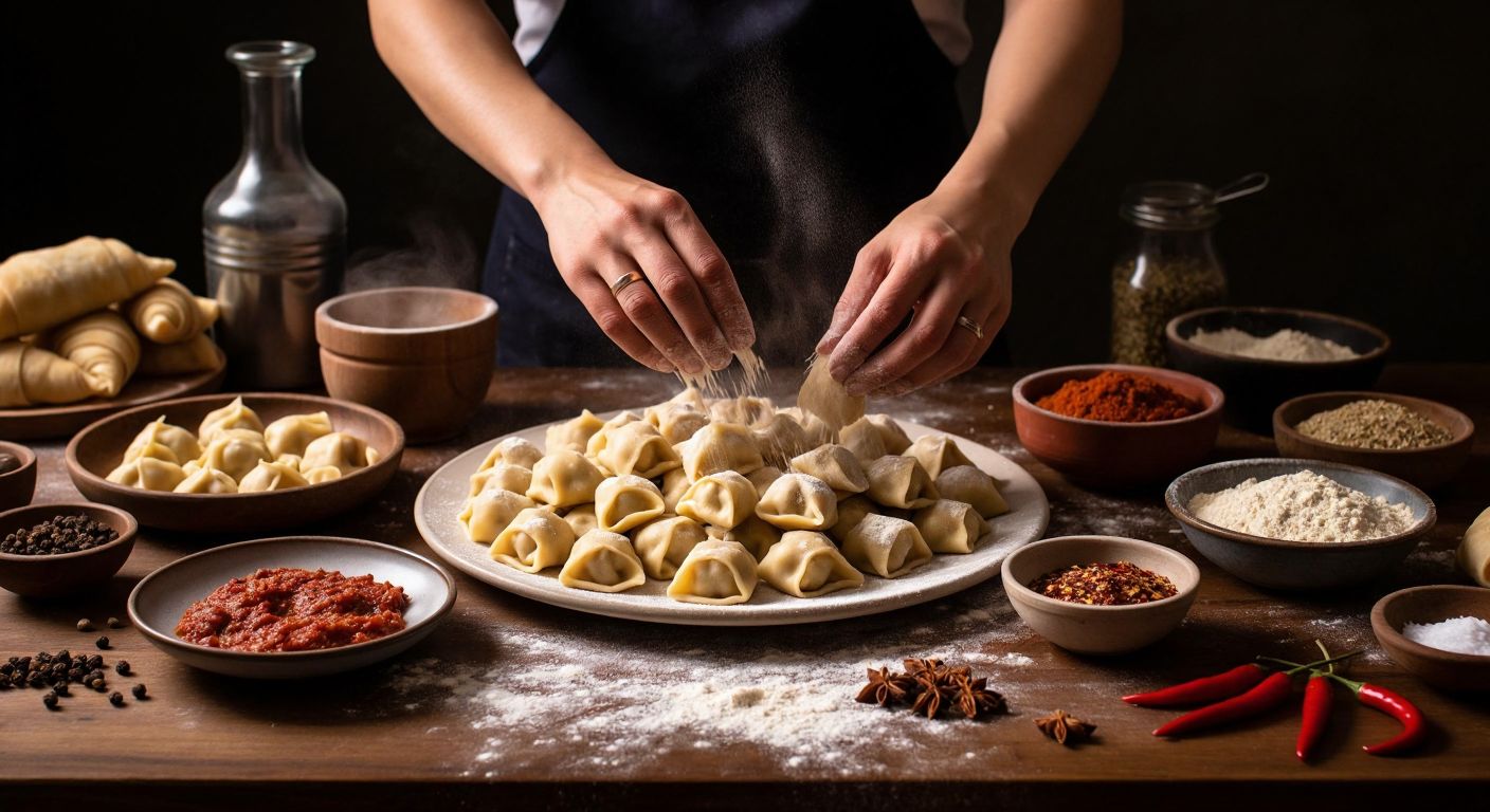 A Turkish kitchen counter scattered with flour-dusted dough, small bowls of spiced minced meat filling, and hands meticulously folding mantı into triangles, rolls, and tiny boats.  

(Note: The description avoids all prohibited elements while capturing the essence of the query—diverse mantı-folding techniques—within a culturally specific Turkish setting.)