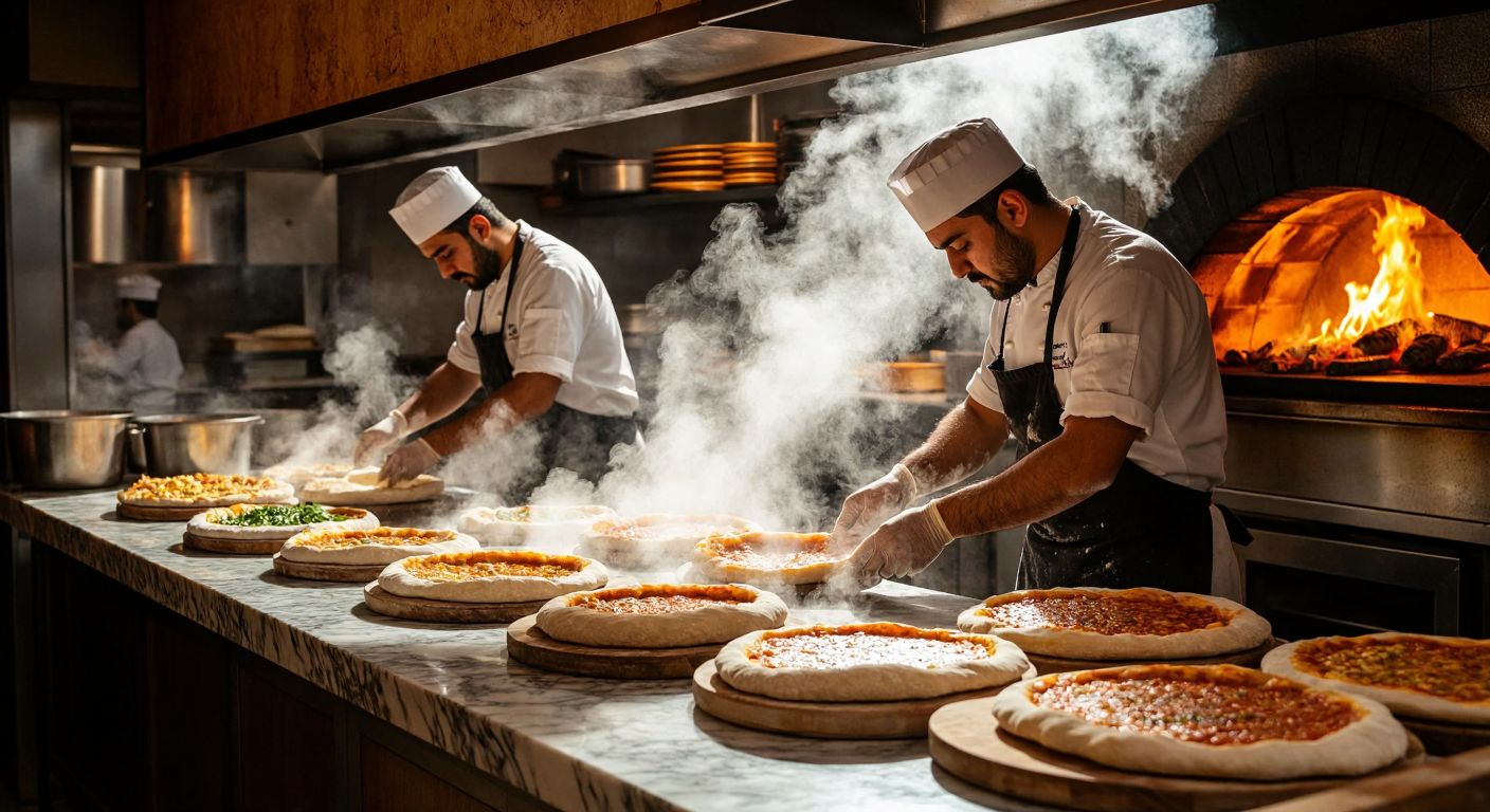 A bustling Turkish eatery with two chefs—one kneading dough for pide in a wood-fired oven, the other carefully topping lahmacun—while steam rises from golden-brown flatbreads on a marble counter.