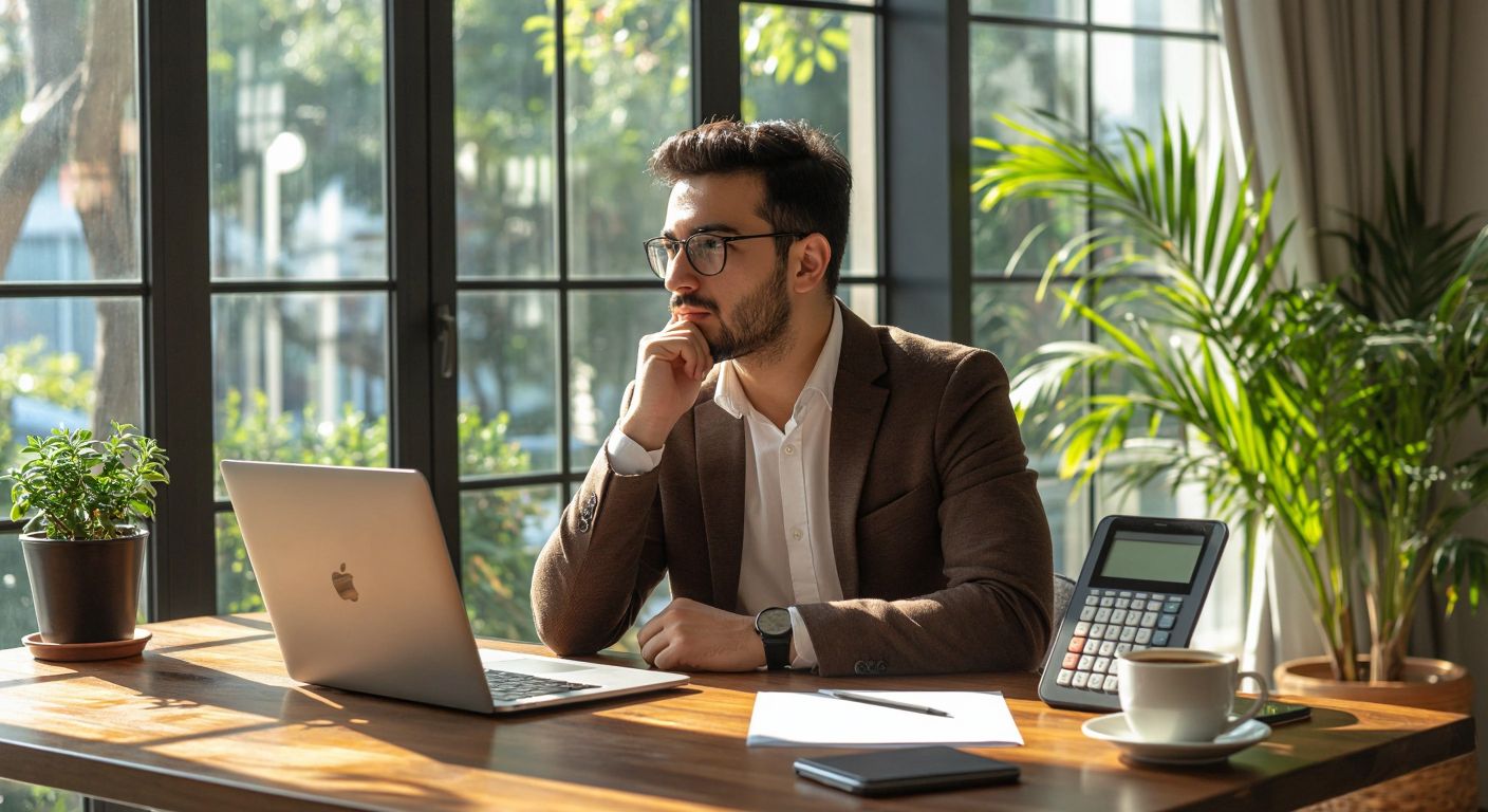 A Turkish entrepreneur sitting at a wooden desk in a sunlit office, thoughtfully comparing two digital accounting tools represented by a simple calculator (for Logo İşbaşı) and a sleek tablet (for Paraşüt), with a steaming cup of Turkish coffee beside them.