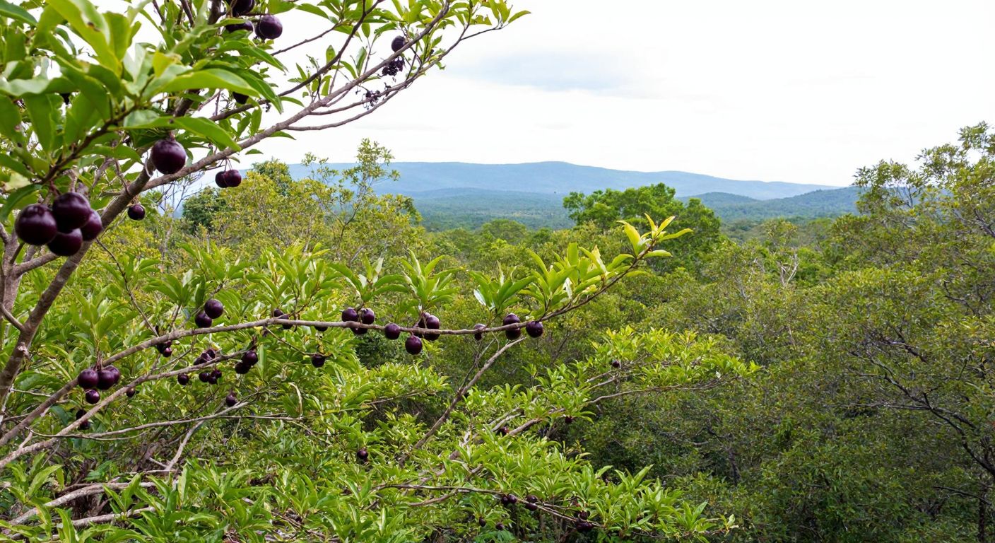A lush Brazilian rainforest with vibrant green jabuticaba trees bearing dark purple fruits, while a distant silhouette of Turkey’s arid landscape contrasts in the background.