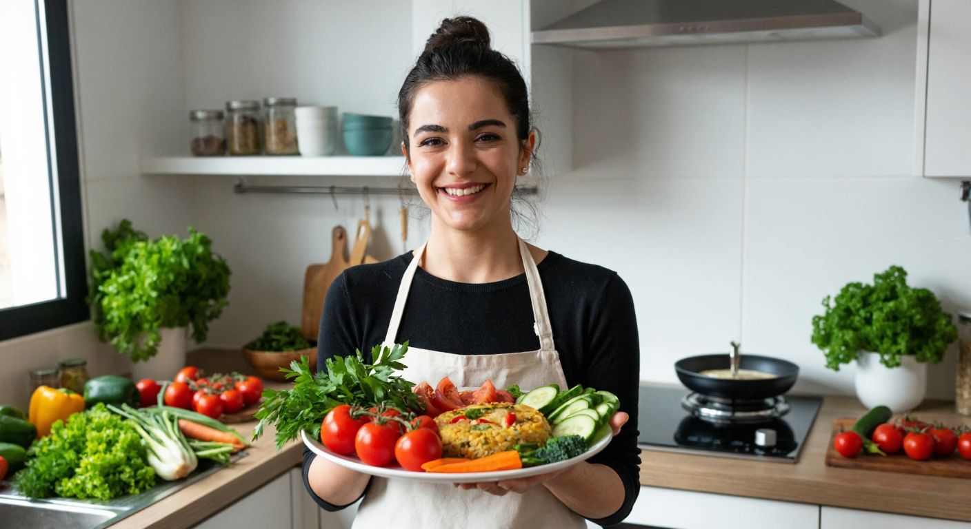 A Turkish woman in a bright kitchen smiles while holding a plate of fresh vegetables and gluten-free dishes, with a scale in the background subtly showing progress.