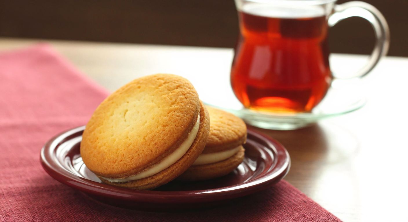 A single golden-brown Ülker cream-filled biscuit resting on a small plate, with a warm Turkish tea glass in the background, evoking a cozy home setting.