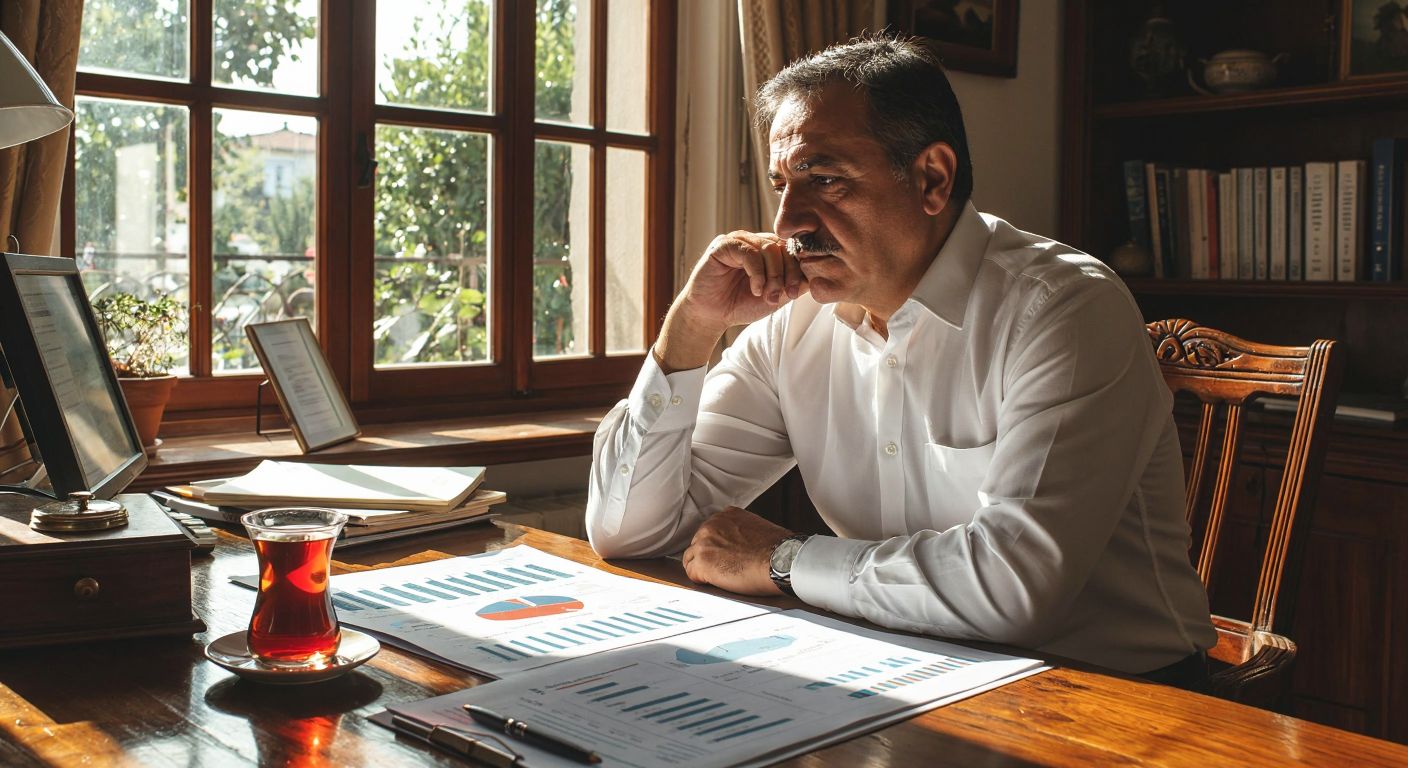A middle-aged Turkish man in a crisp shirt reviews financial charts with a thoughtful expression, sitting at a sunlit wooden desk with a steaming cup of Turkish tea beside him.