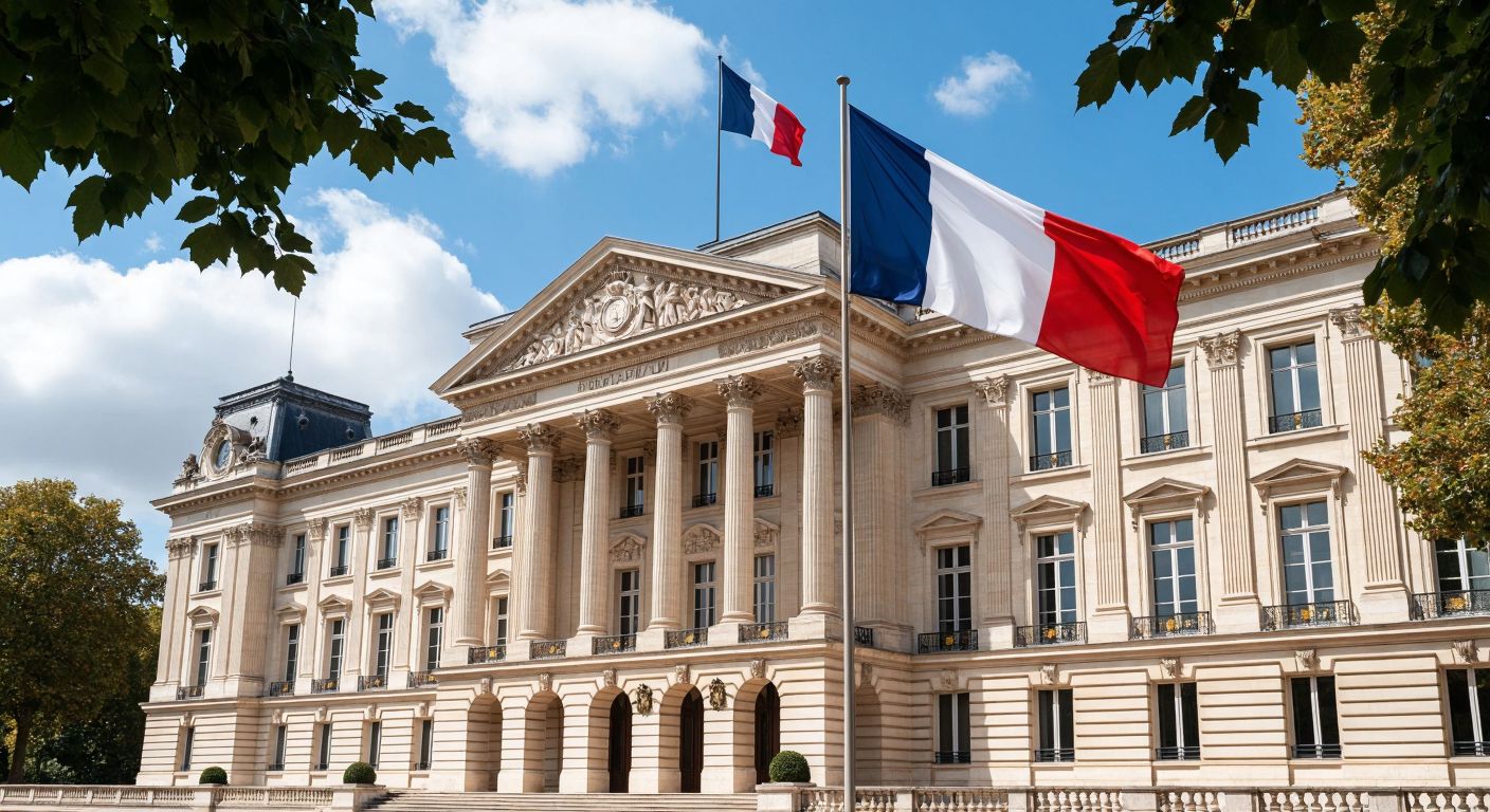 A grand neoclassical French government building with the EDF logo subtly integrated into its architecture, flanked by a French flag waving in the breeze, symbolizing full state ownership.