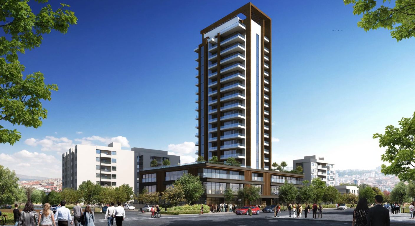 A modern high-rise apartment building with fifteen distinct floors, set against a clear blue sky in Istanbul, surrounded by bustling streets and people admiring its sleek architecture.