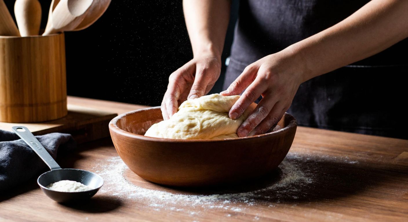 A warm Turkish kitchen with a wooden table, a bowl of soft dough sprinkled with yeast, a measuring spoon nearby, and hands dusted with flour gently kneading the mixture.