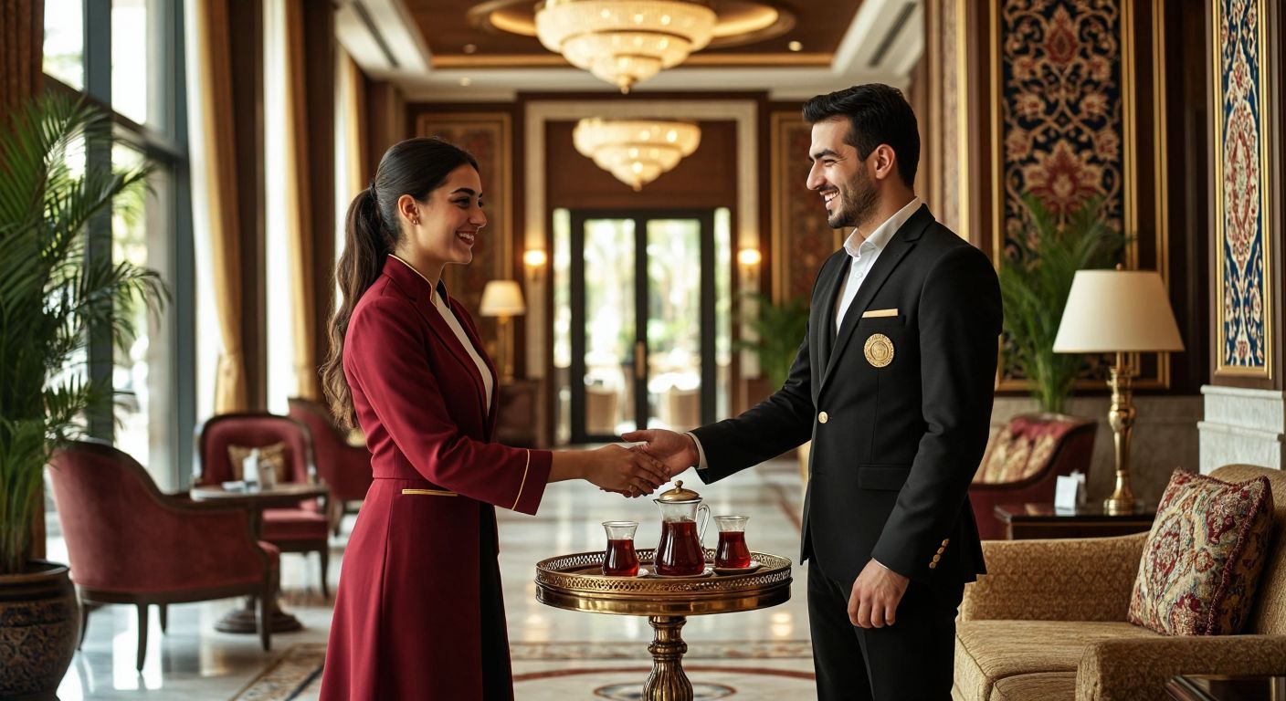 A well-dressed Turkish hotel employee in a crisp uniform warmly greets a smiling guest in a luxurious lobby adorned with traditional Turkish motifs and a tray of Turkish tea on a side table.