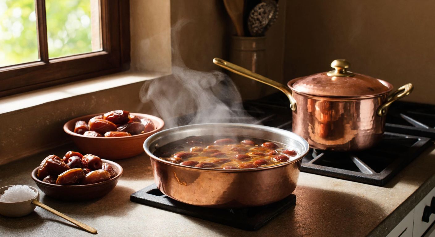 A warm, sunlit Turkish kitchen with a copper pot simmering on a stove, filled with bubbling dates and water, while a wooden spoon rests nearby and a bowl of fresh, plump dates sits on a rustic countertop.