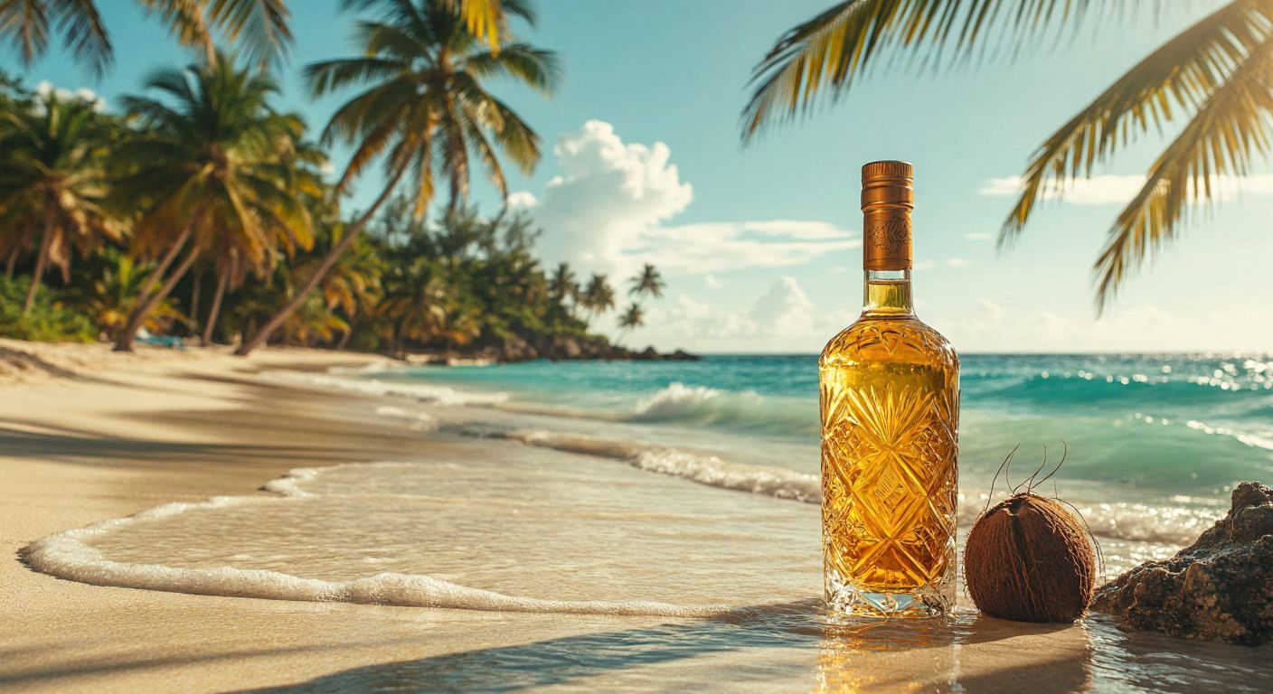 A golden bottle of coconut-flavored rum sits on a sunlit Caribbean beach with turquoise waves and palm trees in the background.
