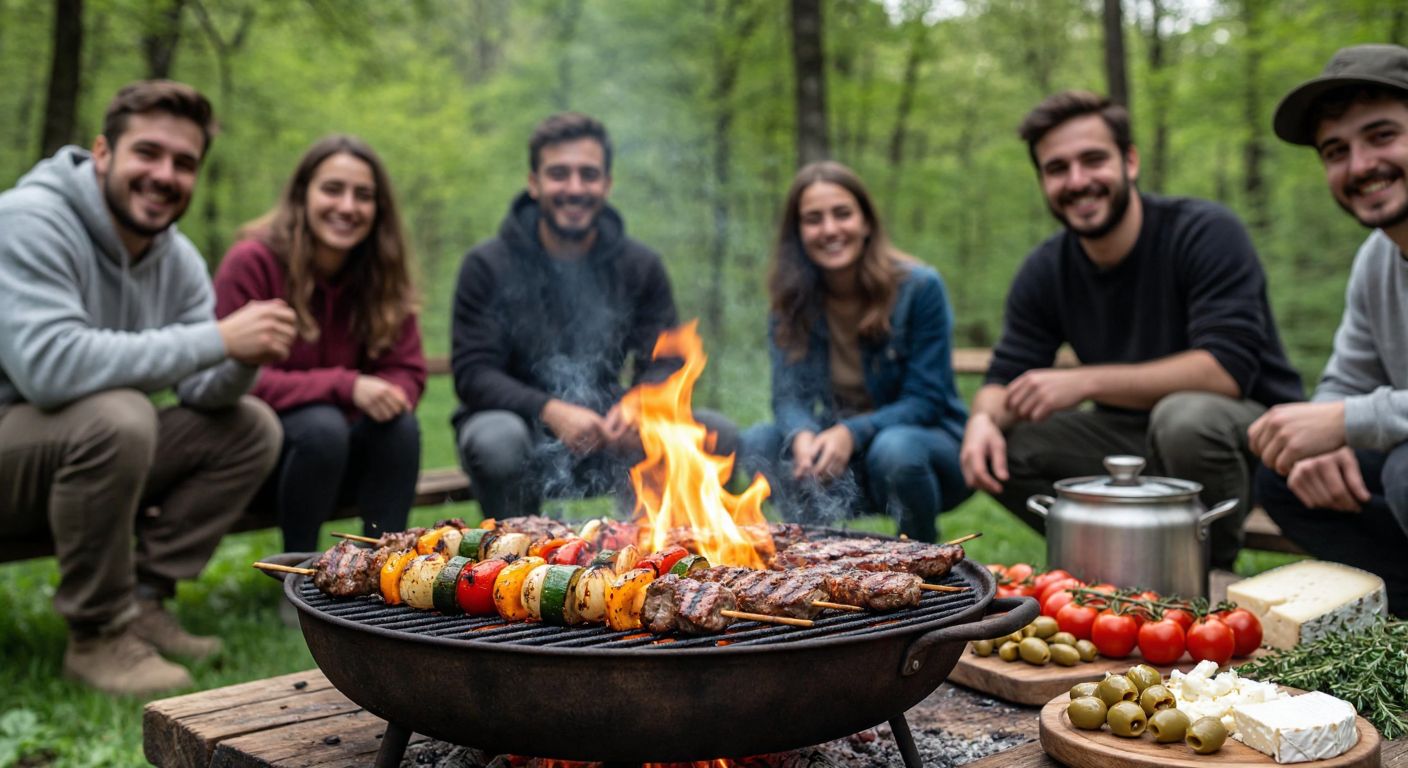 A group of people with warm smiles gather around a crackling campfire in a lush green forest, roasting colorful vegetables and skewered meats on a rustic grill, with a pot of bubbling çay steaming nearby and a spread of fresh ingredients like tomatoes, cheese, and olives on a wooden picnic table.
