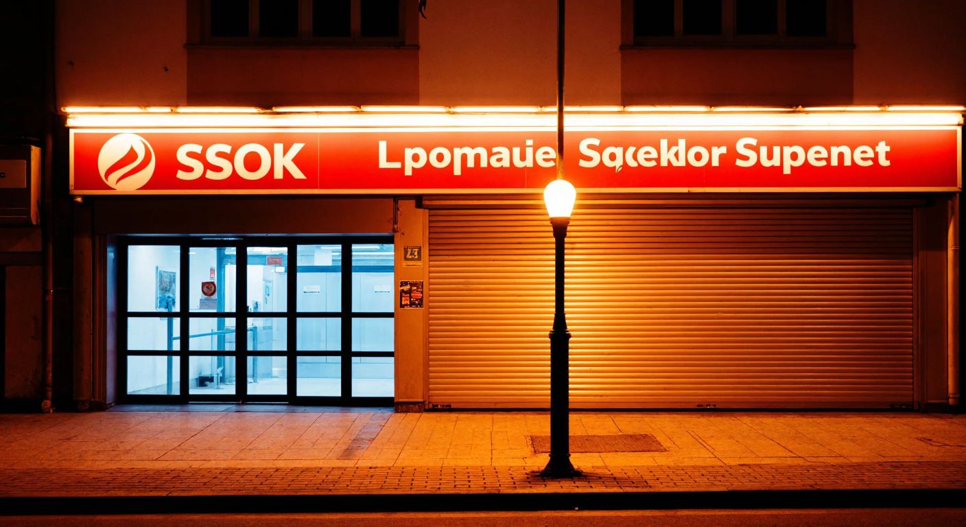 A dimly lit ŞOK supermarket at night with its closed metal shutters down, a lone streetlamp casting a warm glow on the empty sidewalk, and a faded store sign above the entrance.