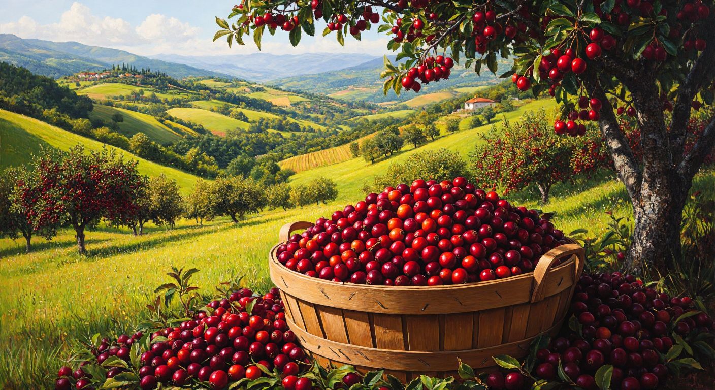 A vibrant wooden basket overflowing with fresh karayemiş, kızılcık, iğde, muşmula, and kuşburnu, set against a sunlit backdrop of rolling green hills and fruit-laden trees in the Turkish countryside.