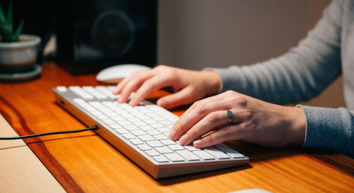 A person's hands typing on a keyboard with the spacebar highlighted, set against a warm-toned wooden desk in a cozy Turkish home.