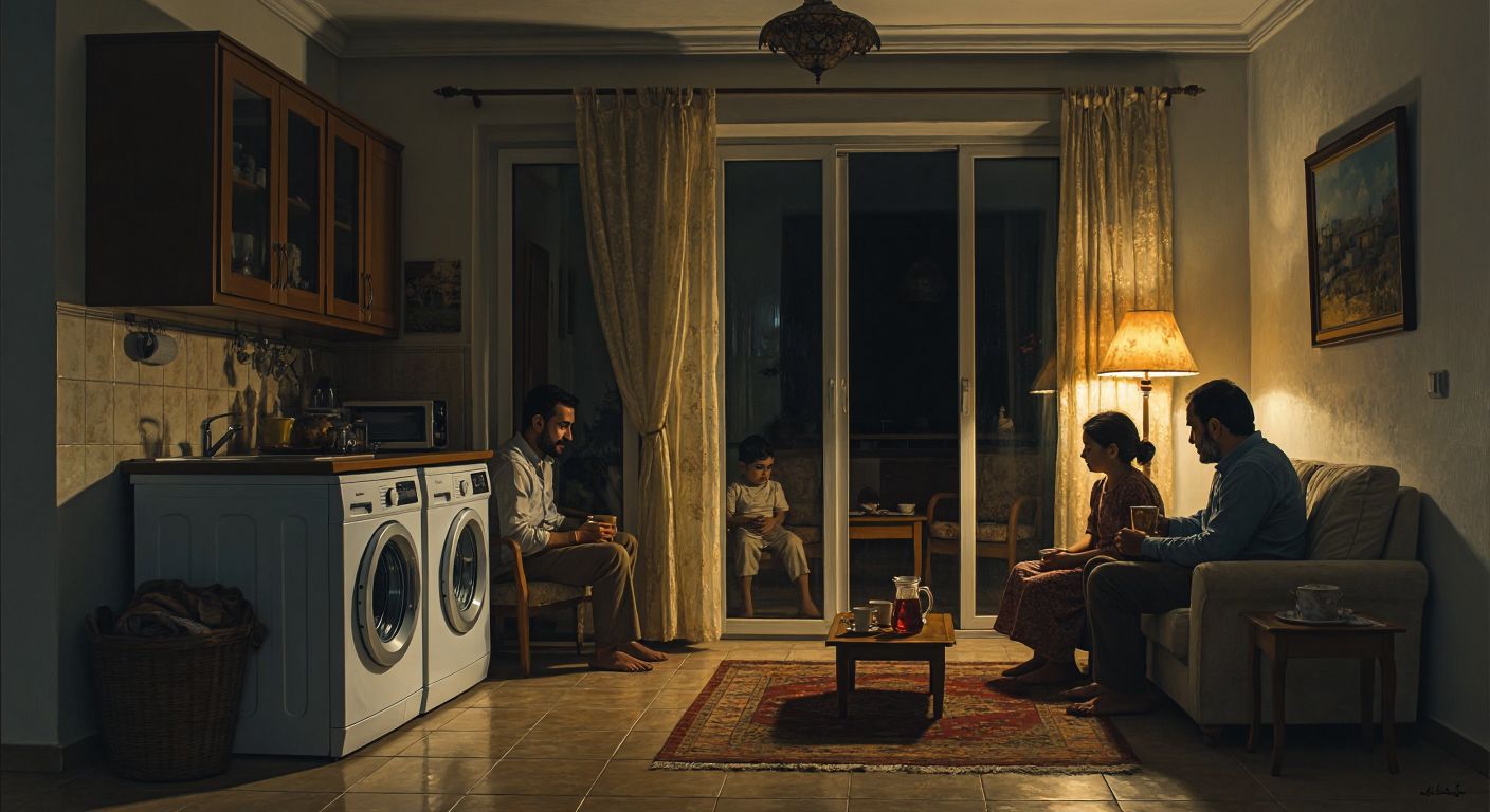 A dimly lit Turkish home at night with a washing machine and dishwasher quietly running, while a family sits in the soft glow of a single lamp, enjoying a late-night cup of çay.