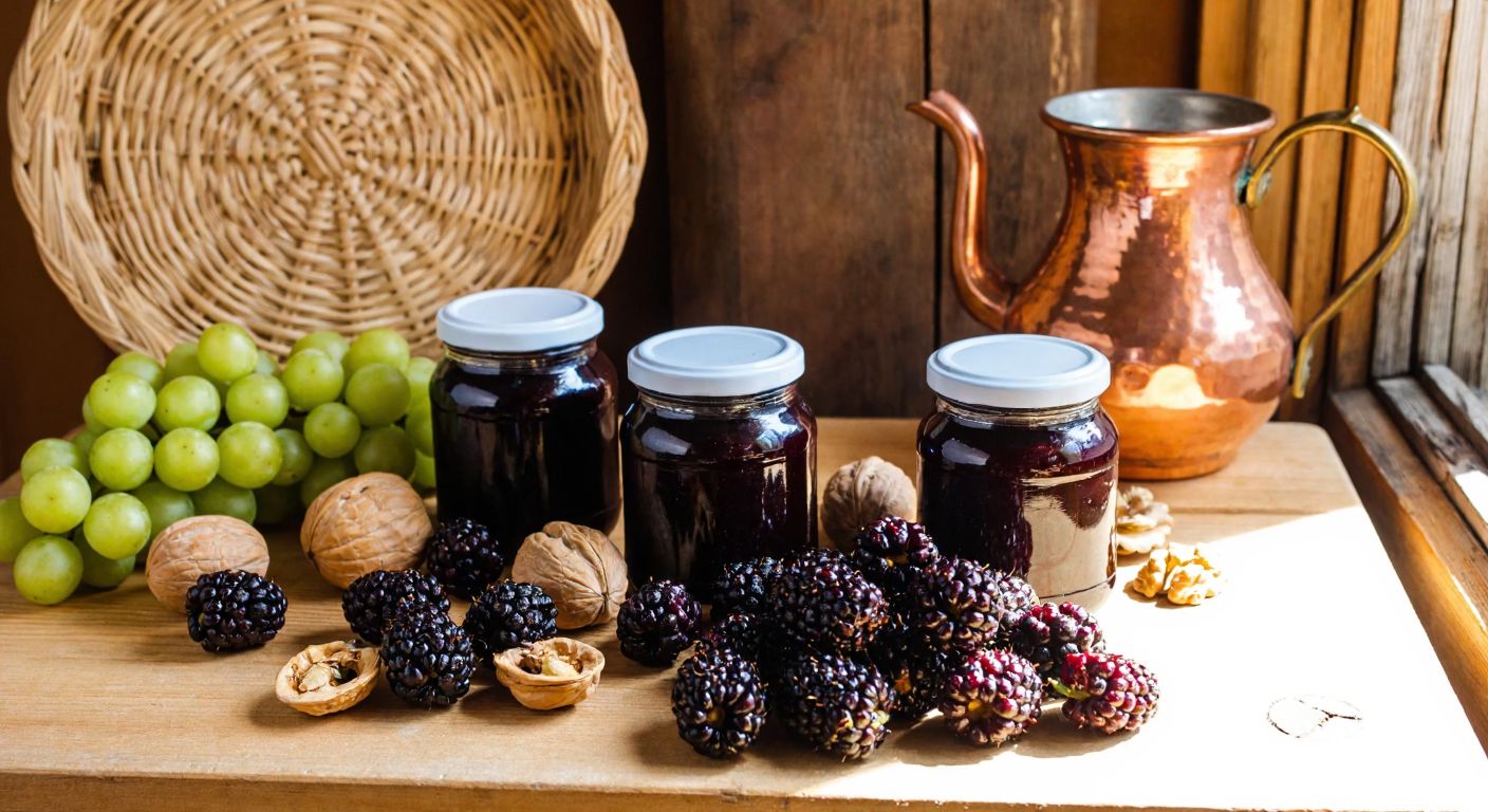 A rustic wooden table in a sunlit village home in Kars holds jars of dark, glossy pekmez, surrounded by fresh mulberries, grapes, and walnuts, with a traditional copper pot and a woven basket in the background.