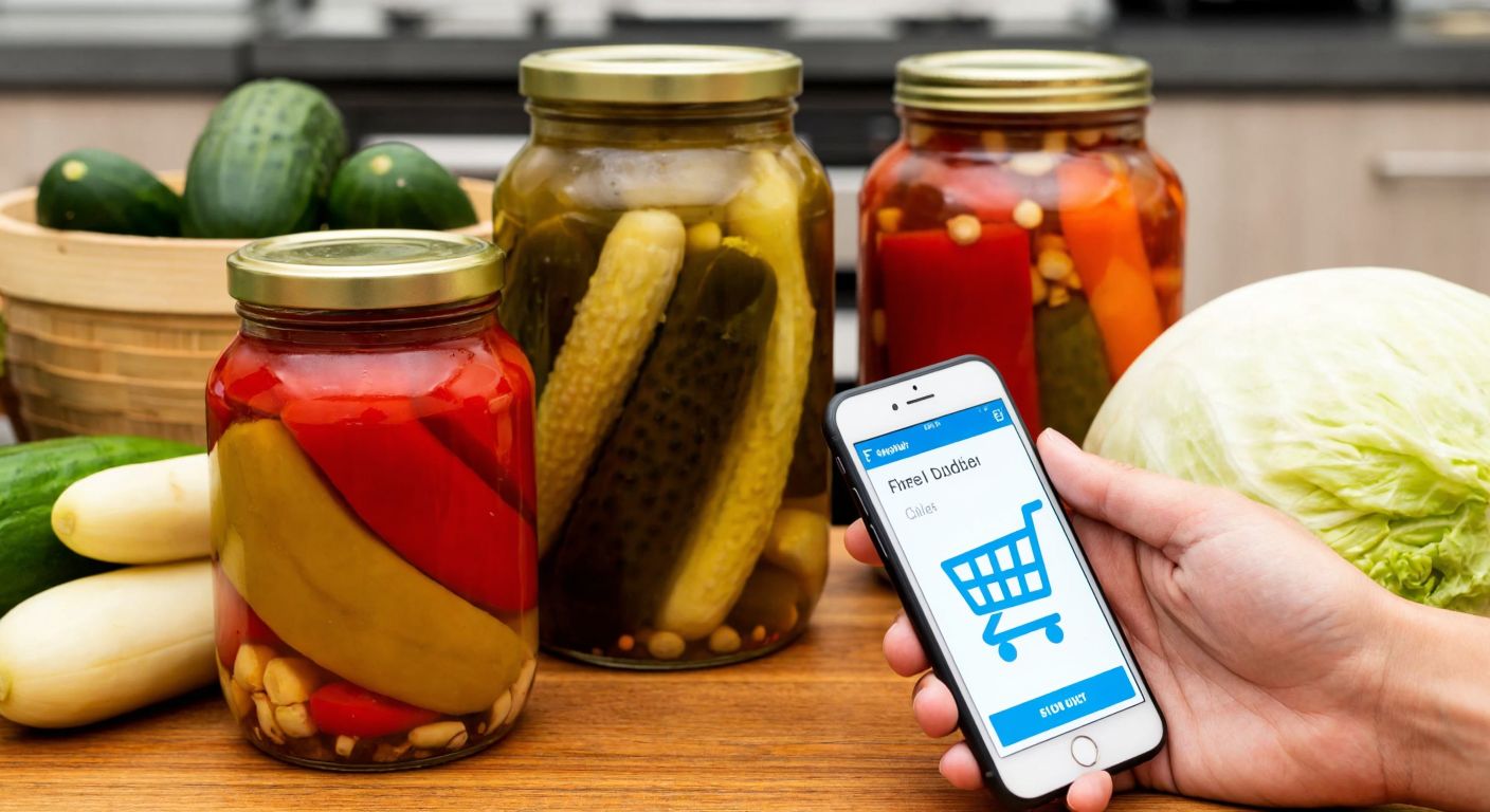 A vibrant wooden table in a Turkish kitchen holds colorful jars of pickles with cucumbers, peppers, and cabbage, while a person's hand hovers over a smartphone displaying a shopping cart icon.