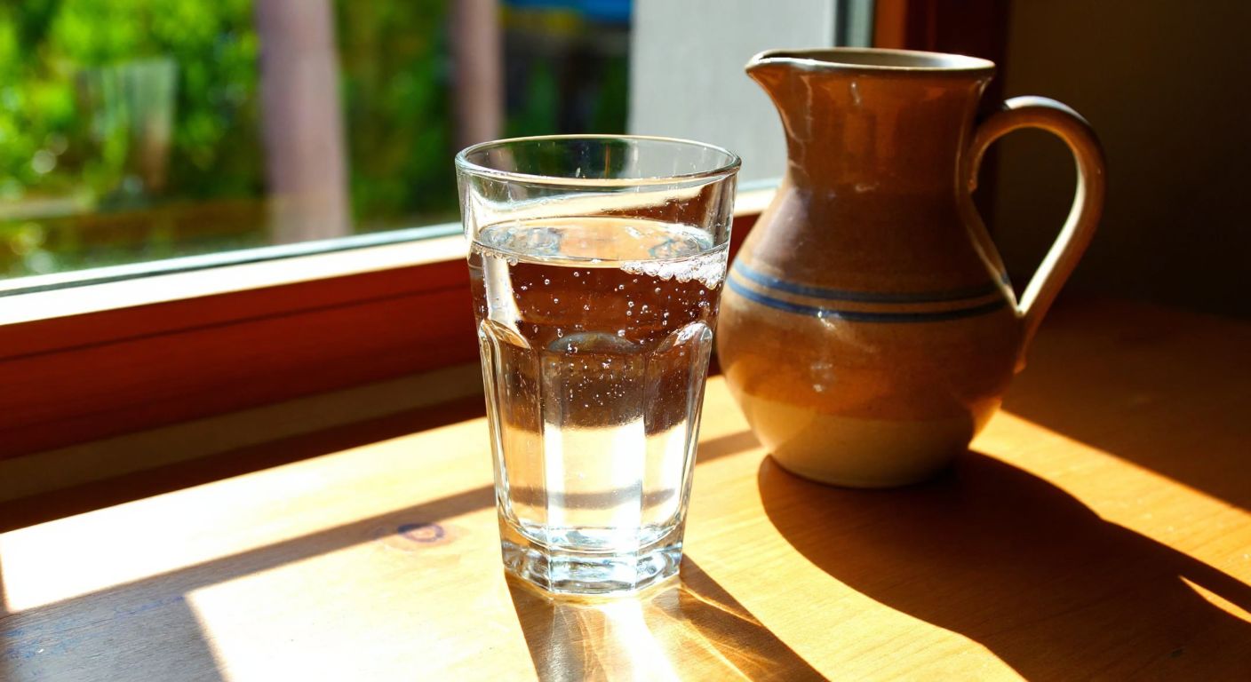 A clear glass Paşabahçe Nova water cup filled to the brim with sparkling water, placed on a sunlit wooden table in a Turkish home, with a traditional ceramic pitcher nearby.