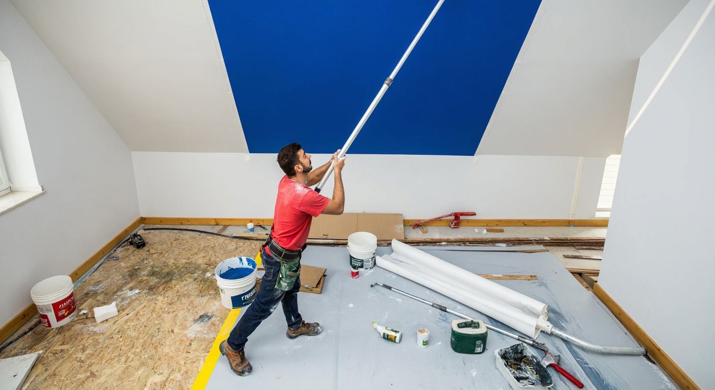 A construction worker in Turkey extends an aluminum telescopic pole to reach a high ceiling while painting, with scattered tools and a bucket of paint nearby.