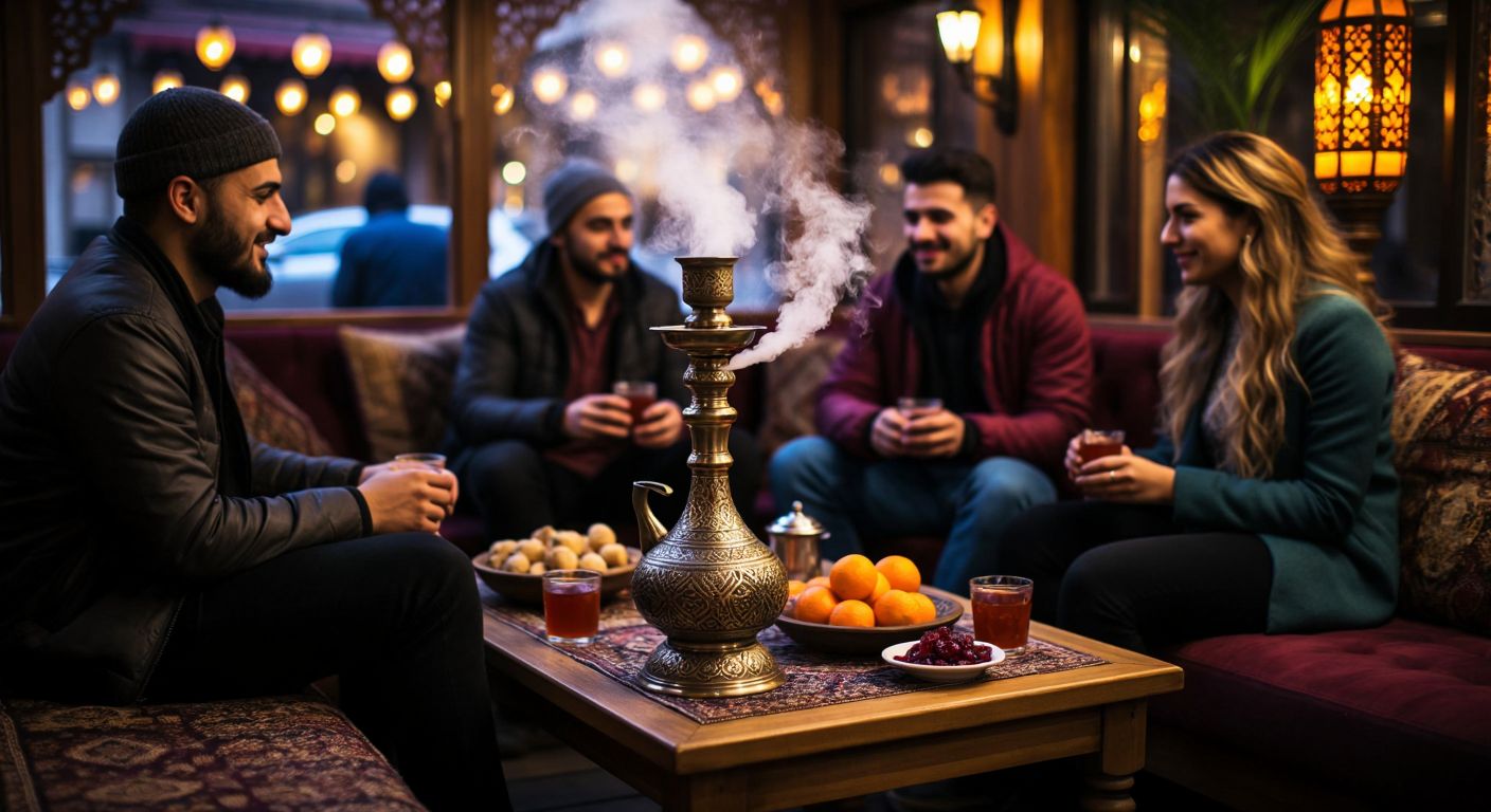 A cozy Turkish café with ornate brass nargiles placed on low wooden tables, surrounded by plush cushions, steaming tea glasses, and bowls of colorful fruit, as a group of friends relax in warm conversation under soft lantern light.