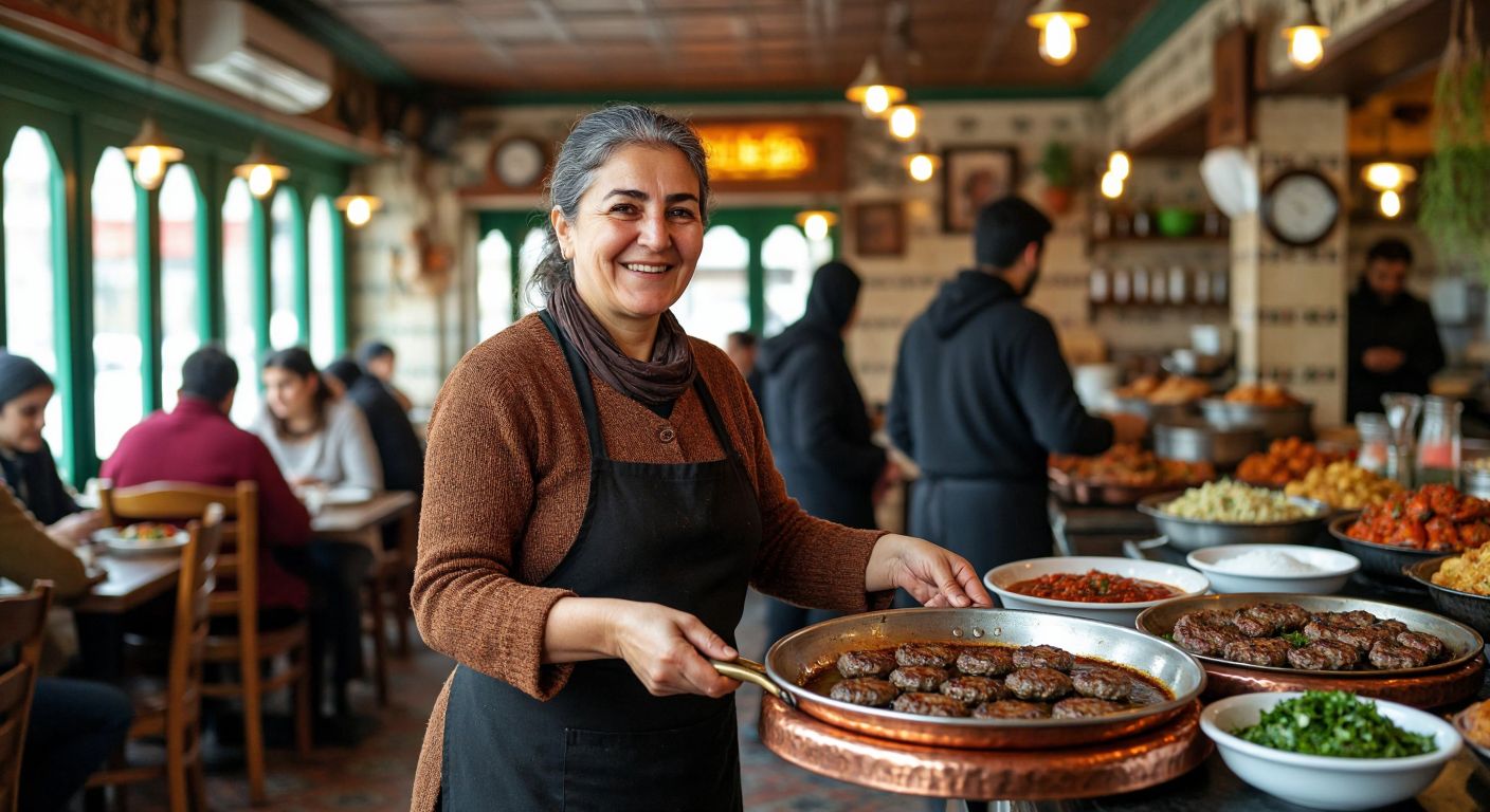 A warm, bustling Turkish köfte restaurant with a smiling middle-aged woman, Münevver Erpak, proudly serving sizzling köfte on a copper tray to eager customers in a traditional setting.
