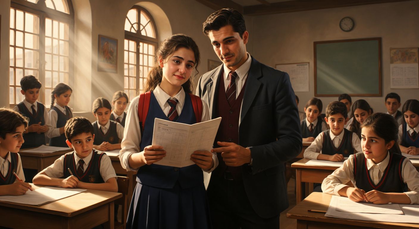 A disappointed Turkish student in a school uniform holds a report card with a high score, while a teacher gently explains with a warm but firm expression, surrounded by classmates in a sunlit classroom with wooden desks.
