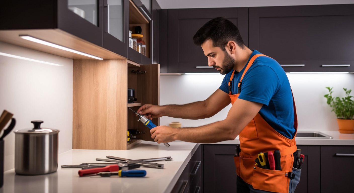 A focused Turkish handyman in a modern kitchen, wearing a tool belt, carefully unscrewing a built-in cabinet with a screwdriver while empty shelves and removed doors lie neatly on the counter beside him.