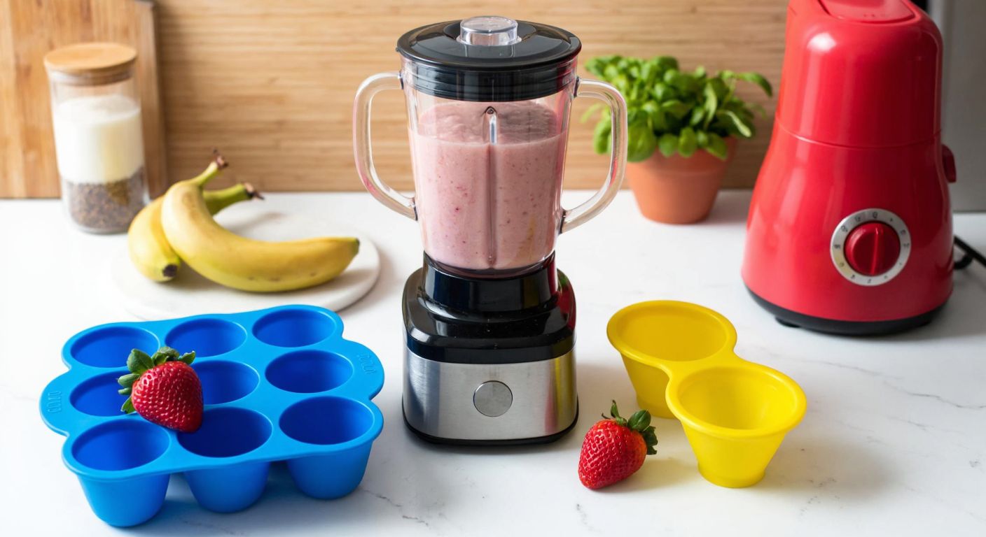 A vibrant Turkish kitchen counter holds a blender filled with creamy banana-strawberry puree, surrounded by fresh ingredients and colorful ice cream molds ready for the freezer.