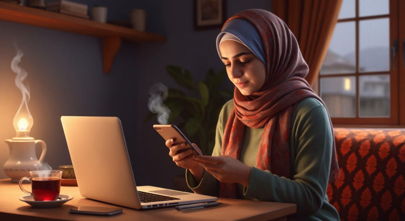 A Turkish woman in a cozy home setting, wearing a headscarf and holding a smartphone, looks relieved while checking her electricity bill on a laptop with a steaming cup of çay beside her.