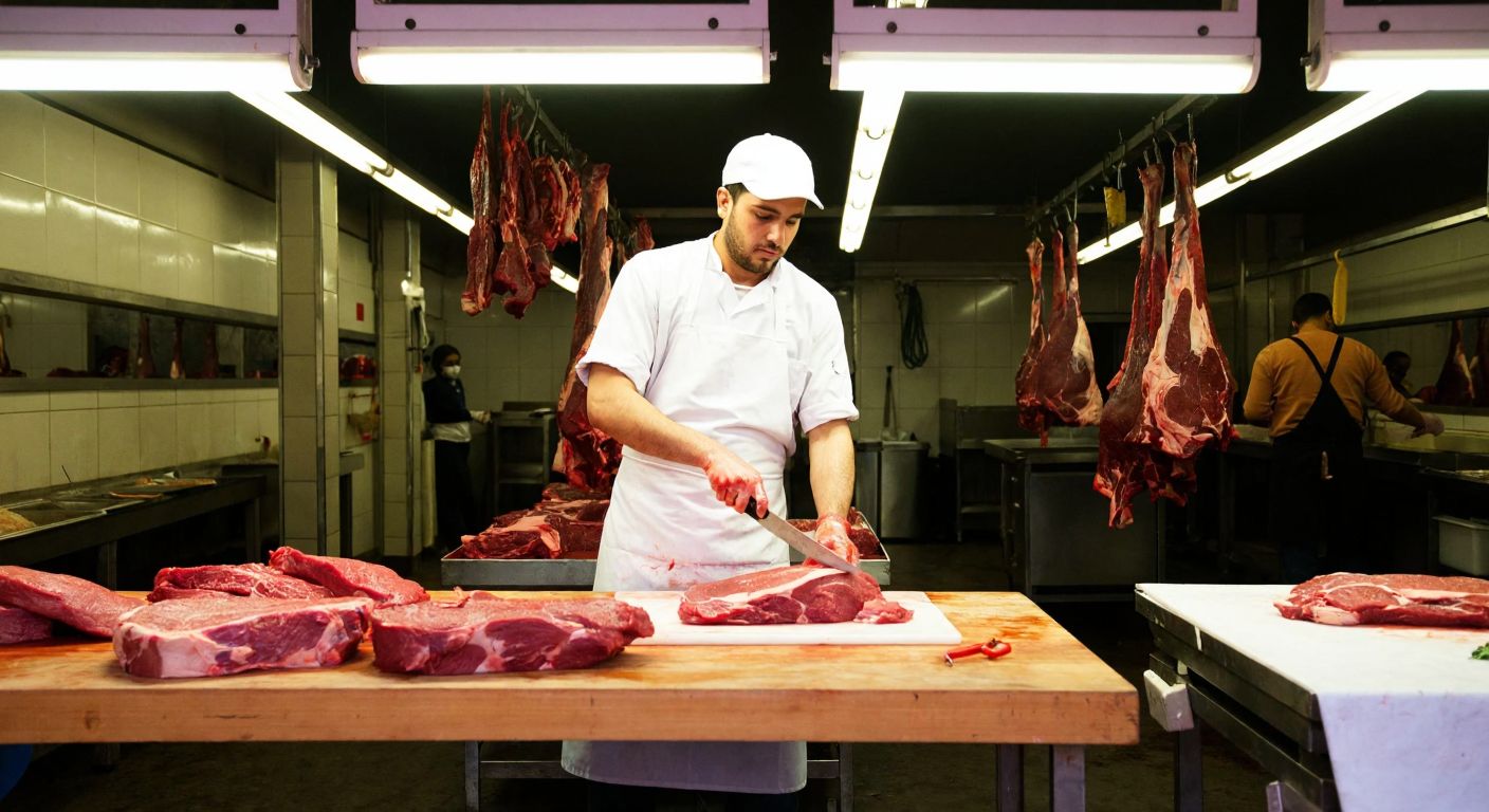 A butcher in a white apron and cap stands in a bustling Turkish slaughterhouse, skillfully preparing fresh cuts of meat on a wooden table under bright overhead lights.
