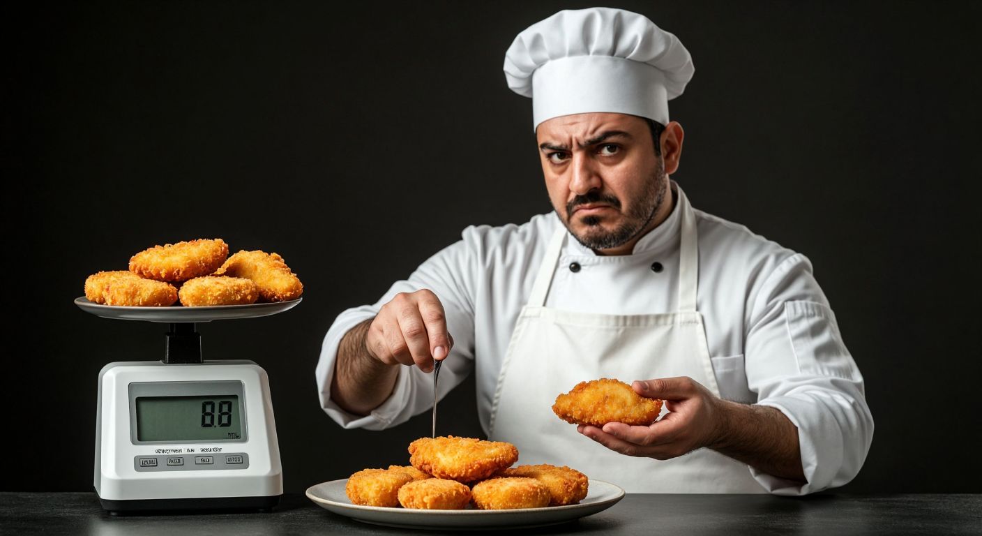 A golden-brown chicken nugget on a small plate with a digital kitchen scale beside it, showing varying weights, while a Turkish chef in a white apron frowns slightly while holding a fresh piece of chicken for contrast.