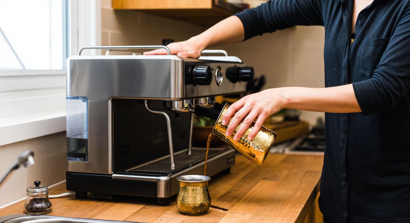 A person in a cozy Turkish kitchen carefully fills the water tank of a Proline espresso machine while freshly ground coffee sits nearby in a small brass container.