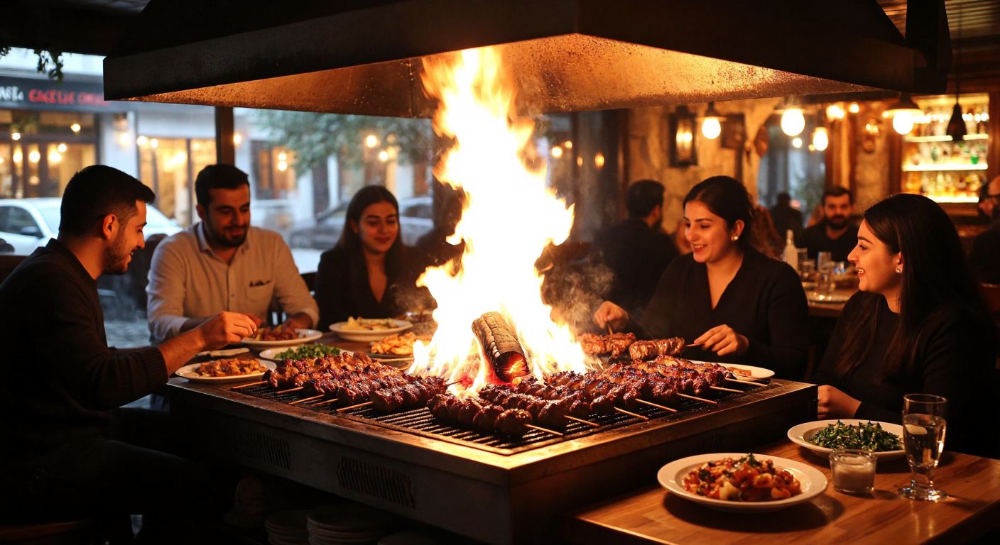 A cozy Turkish ocakbaşı restaurant with a warm, crackling grill, skewered meats sizzling over flames, and a group of people enjoying the meal, their faces lit by the fire’s glow, while a waiter politely shakes his head to indicate no alcohol is served.