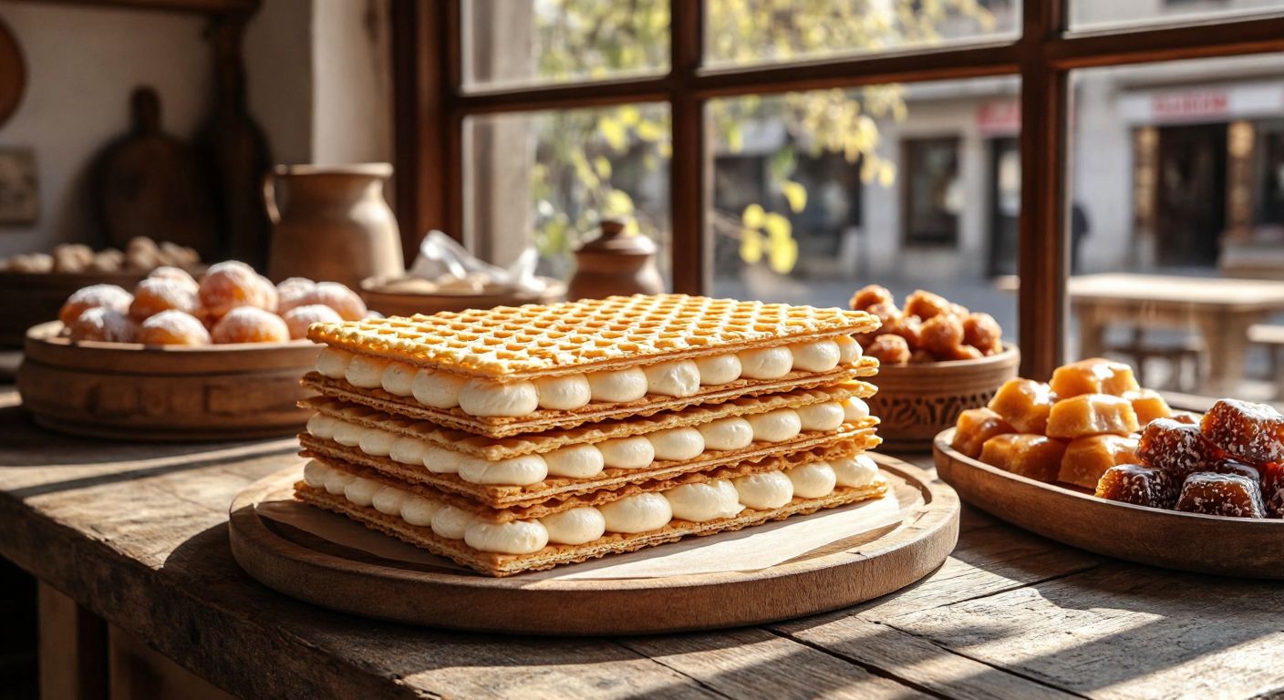 A golden, crispy wafer layered with thick cream sits on a rustic wooden table in a sunlit Ankara bakery, surrounded by traditional Turkish sweets.