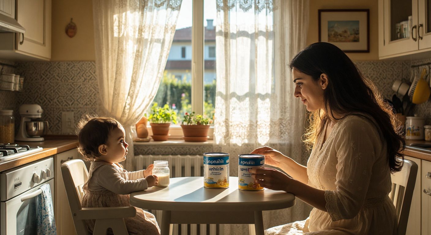 A Turkish mother in a cozy kitchen compares two baby formula cans—one labeled Aptamil and the other SMA—while her curious infant watches from a highchair, sunlight streaming through lace curtains.  

*(Note: The description avoids explicit text representation by implying the labels through context and focuses on the cultural setting.)*