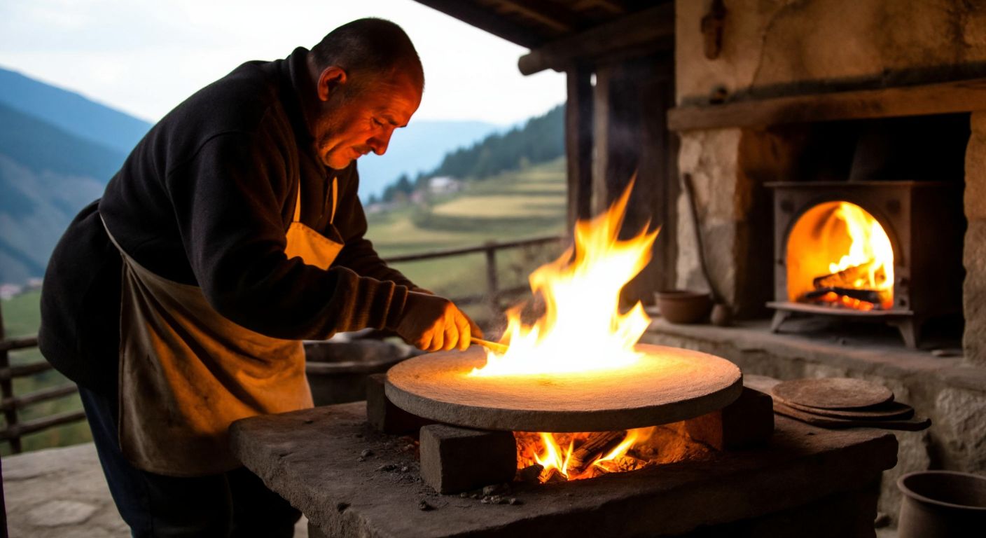 A rustic stone *sac* (flat griddle) made of quartz sandstone, glowing warmly over a wood fire in a traditional Karadeniz village, with a skilled artisan nearby shaping another *sac* from raw stone.