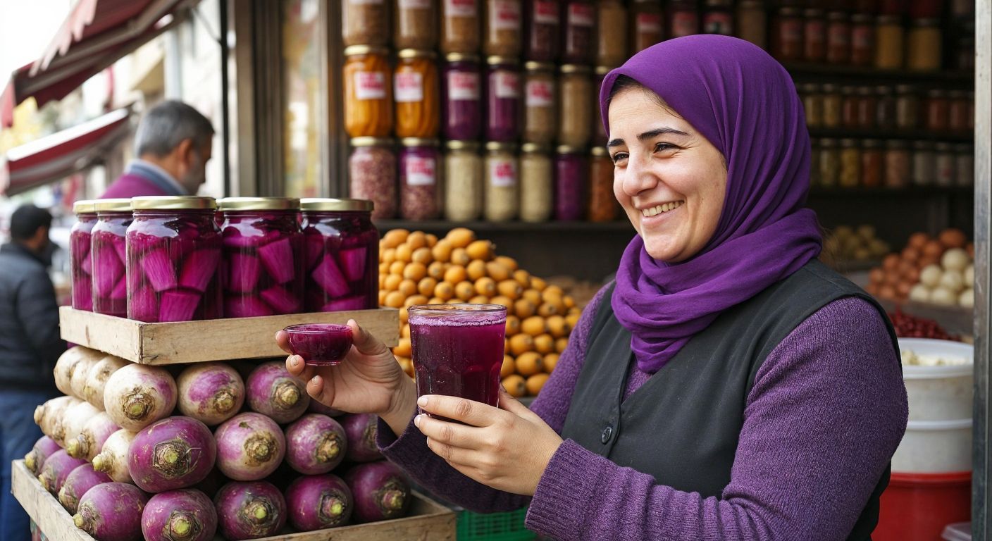 A vibrant Turkish street vendor in Adana hands a chilled glass of deep purple *şalgam* to a smiling customer, with a backdrop of stacked jars of pickled turnips and spices.