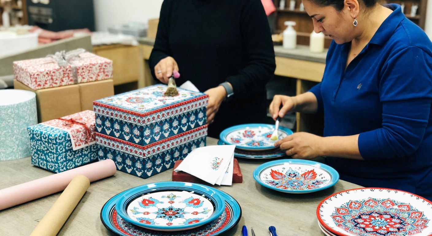 A vibrant Turkish craft workshop with artisans carefully applying colorful dekals to ceramic plates, surrounded by neatly stacked gift boxes and rolls of decorative wrapping paper.
