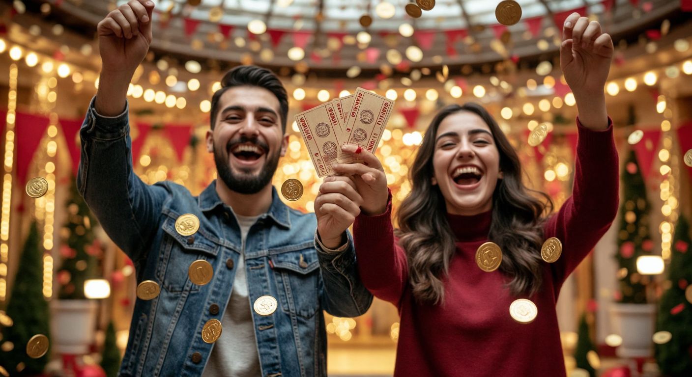 Two excited people in Turkey, one holding a half-torn lottery ticket and the other a full one, celebrating joyfully as golden coins spill between them against a festive backdrop.