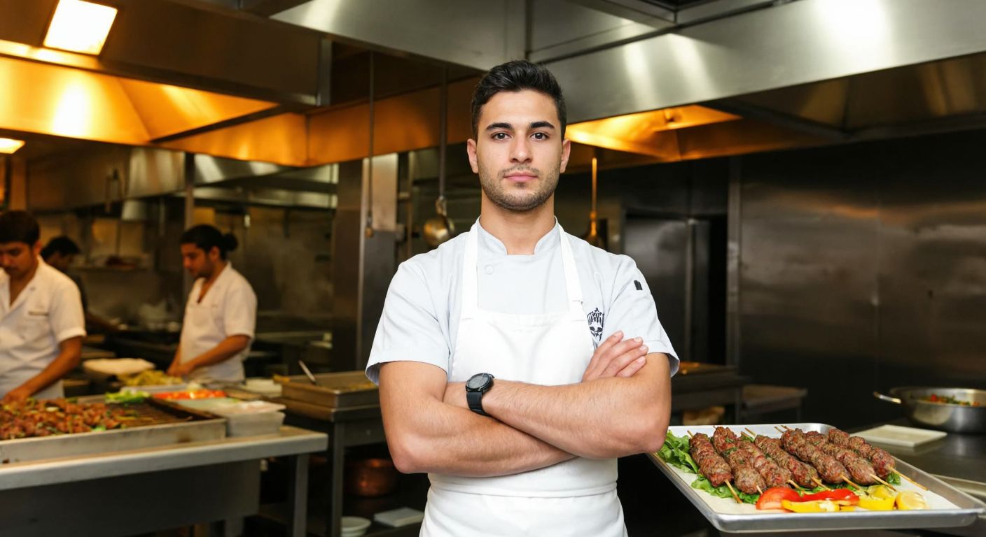 A determined young chef in a white apron stands confidently in a bustling Turkish kitchen, holding a tray of freshly prepared kebabs, symbolizing experience and readiness for the KPSS exam.