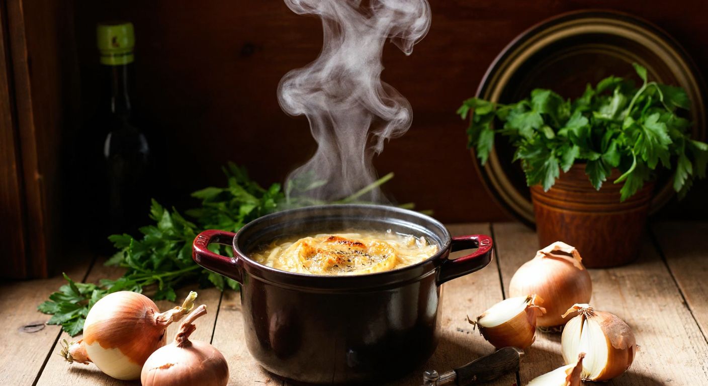 A rustic French kitchen with a steaming pot of onion soup on a wooden table, surrounded by fresh onions and herbs, evoking warmth and tradition.