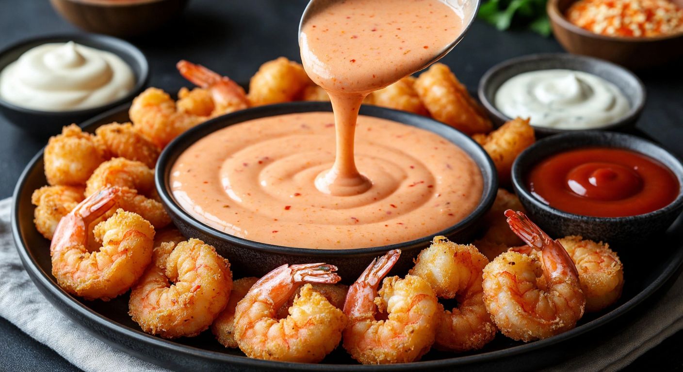 A vibrant, creamy orange-pink sauce drizzled over golden-brown fried shrimp, surrounded by small bowls of fresh ingredients like mayonnaise, melted butter, ketchup, and paprika, evoking the rich flavors of Yum Yum sauce.