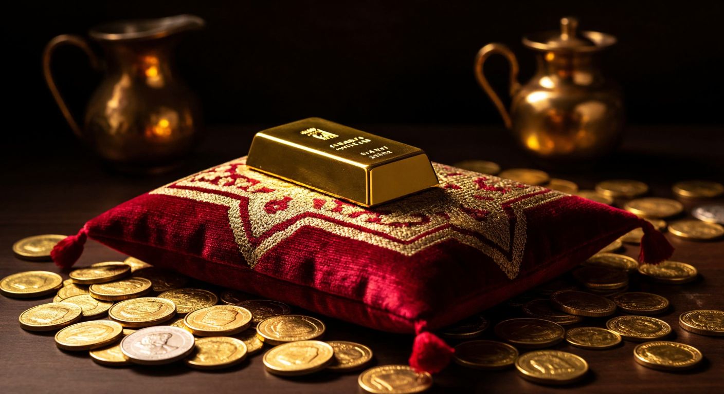 A gleaming gold bar rests on a traditional Turkish red-and-gold embroidered cushion, surrounded by scattered golden coins under warm, ambient light.