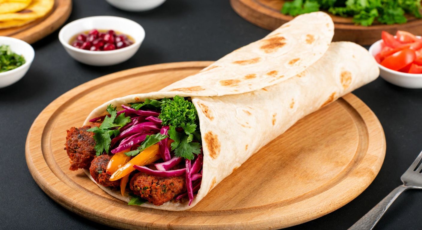 A large, tightly wrapped dürüm on a wooden plate, overflowing with vibrant ingredients like red çiğ köfte, fresh green herbs, purple cabbage, and golden nar ekşisi, surrounded by small bowls of colorful garnishes and sauces.