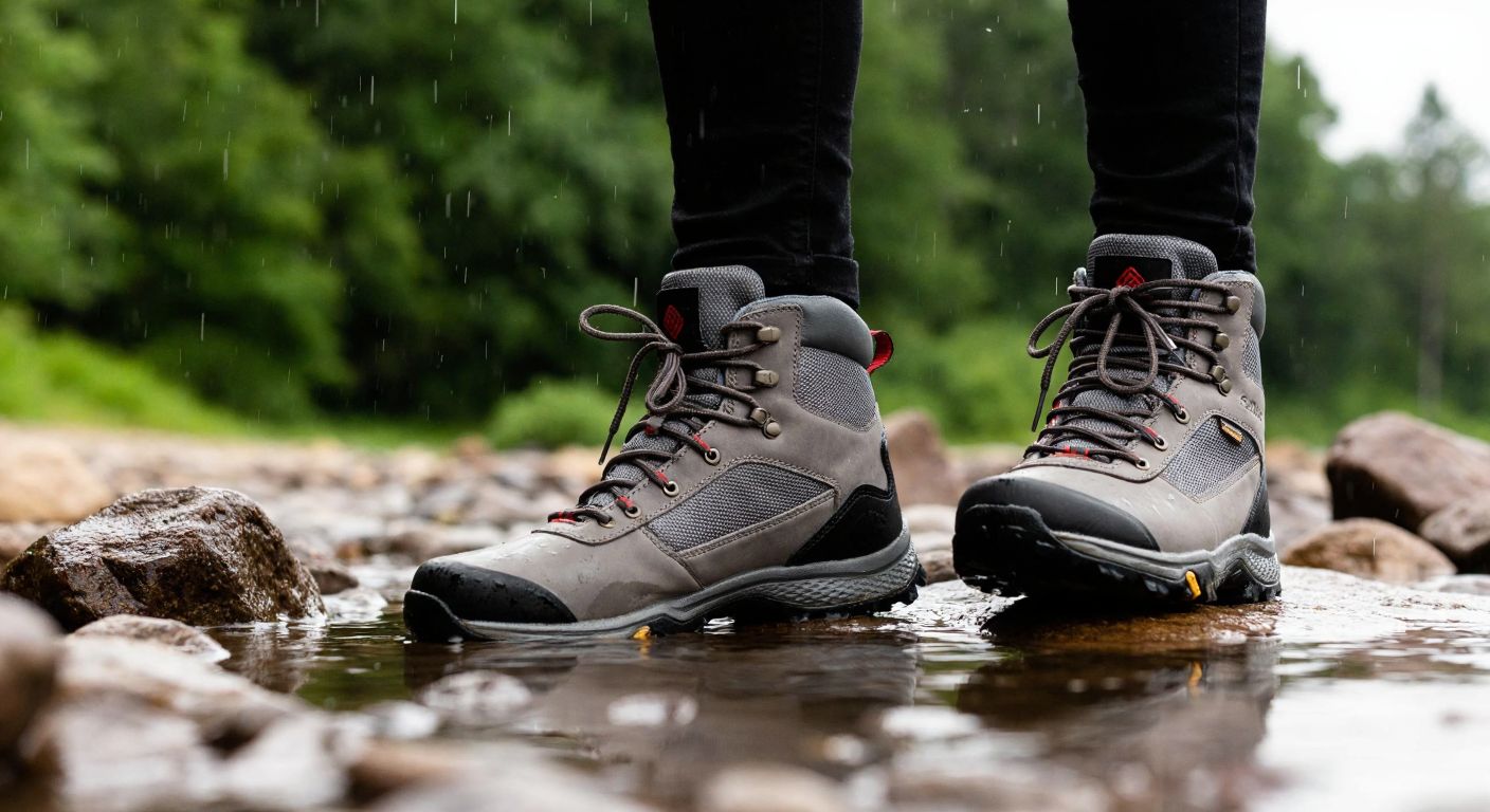 A pair of sleek gray Columbia hiking boots with a waterproof sheen, standing confidently on wet, rocky terrain under a light drizzle, reflecting their durability and protection against the elements.