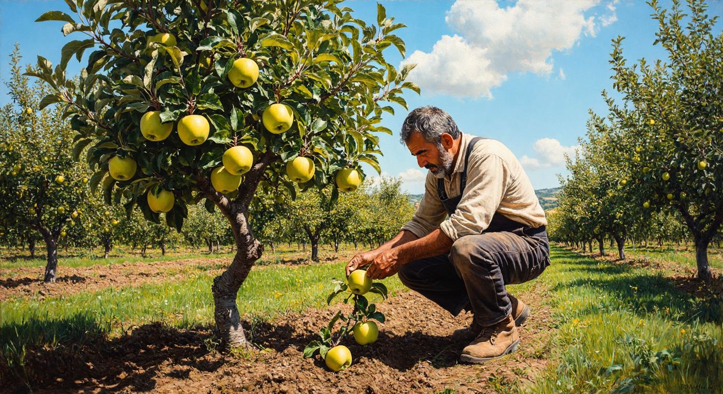 A Turkish farmer in a sunlit orchard carefully tending to a young, semi-dwarf Golden Delicious apple tree with vibrant green leaves and golden fruit.