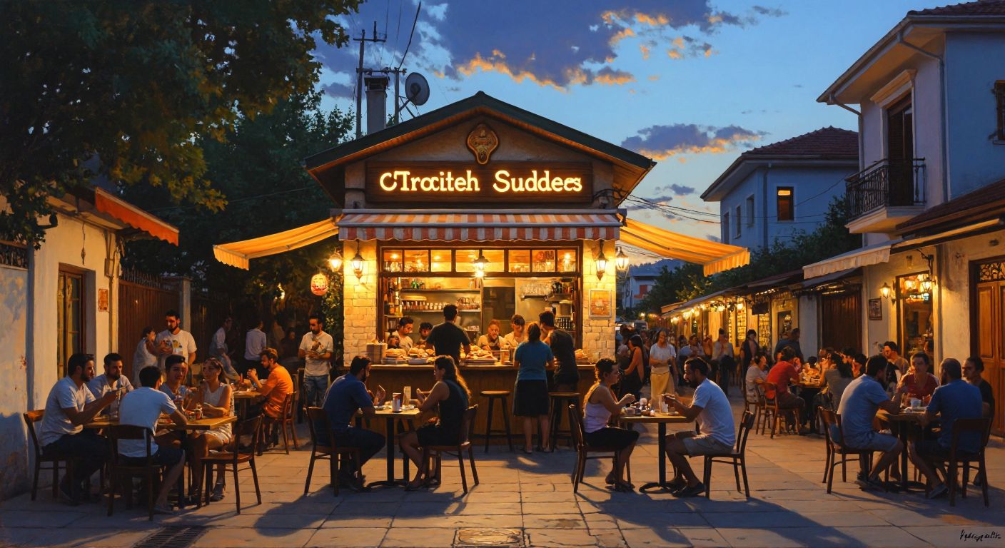 A bustling street in Kepez with a small, warmly lit restaurant serving toasted sandwiches, surrounded by locals chatting and enjoying the food under a bright blue sky.