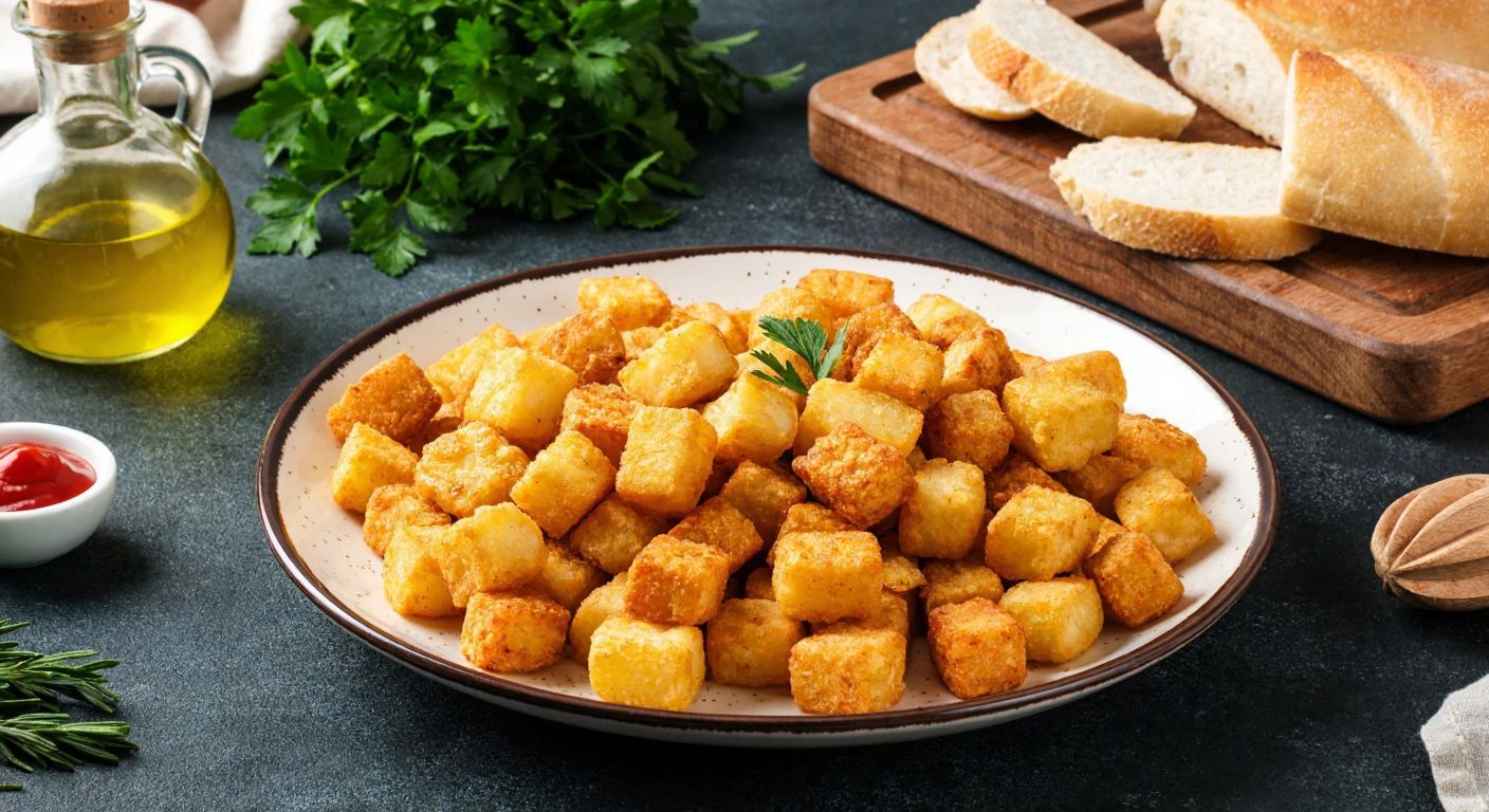 A rustic Turkish kitchen countertop with golden-brown potato croutons and crispy fries arranged on a ceramic plate, surrounded by fresh herbs, olive oil, and sliced bread, evoking warmth and homemade comfort.